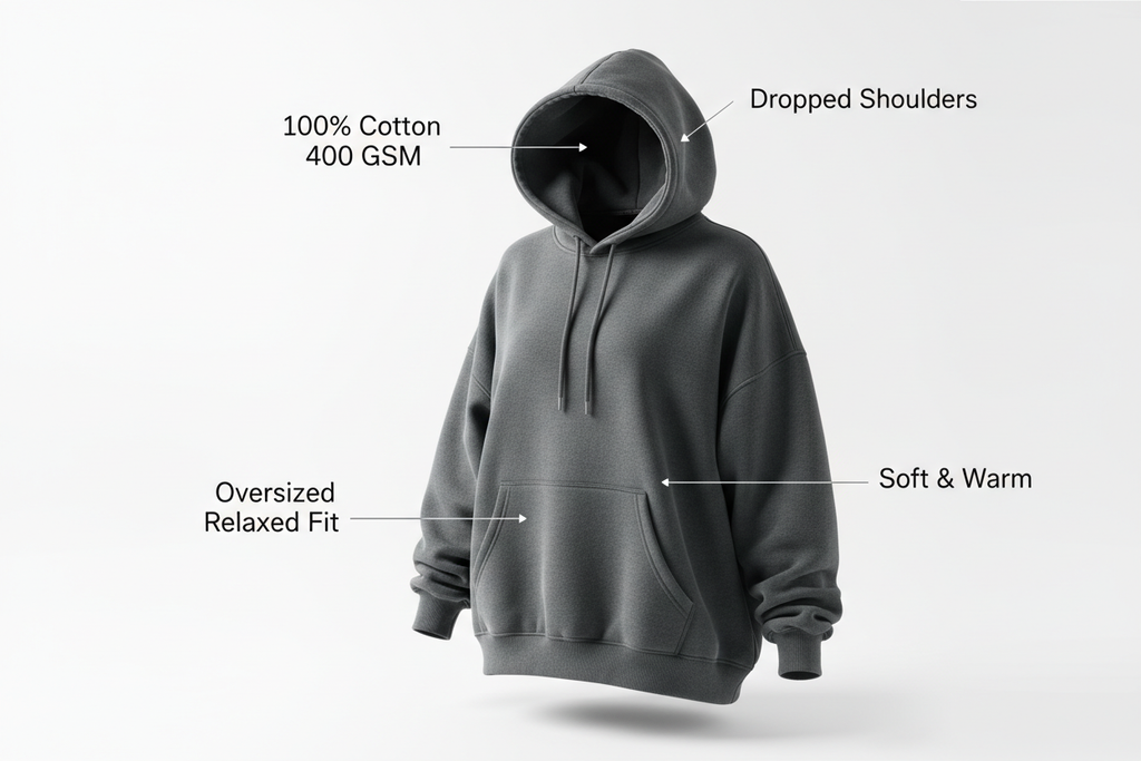 Premium oversized hoodie showing 400 GSM cotton, dropped shoulders, and spacious hood