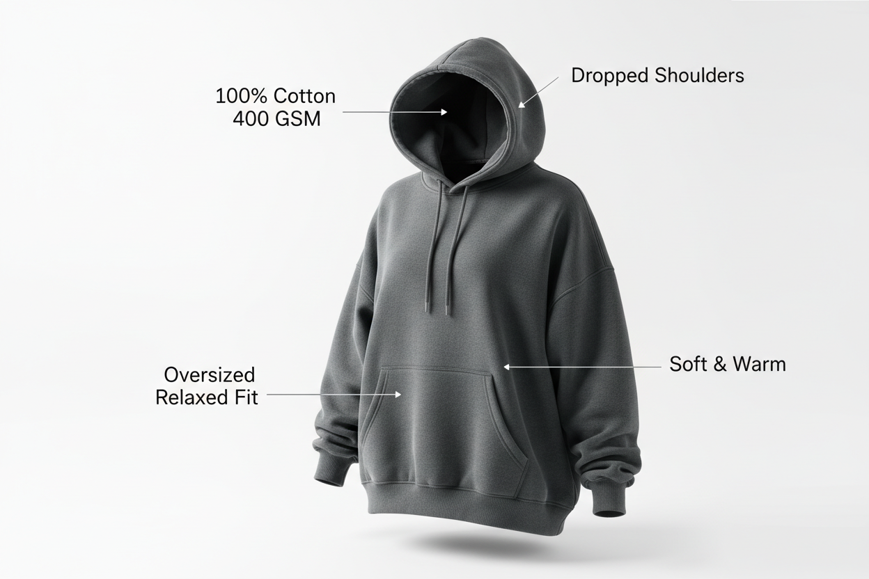 Premium oversized hoodie showing 400 GSM cotton, dropped shoulders, and spacious hood