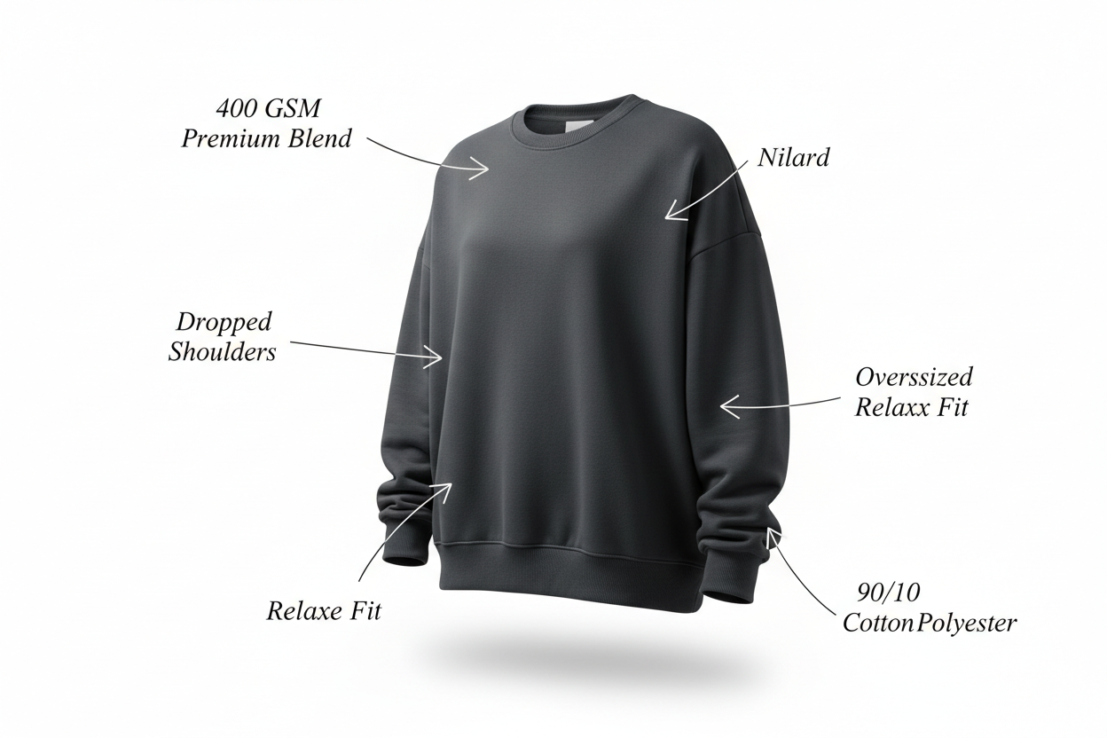 Premium oversized sweatshirt showing 400 GSM fabric and dropped shoulder details