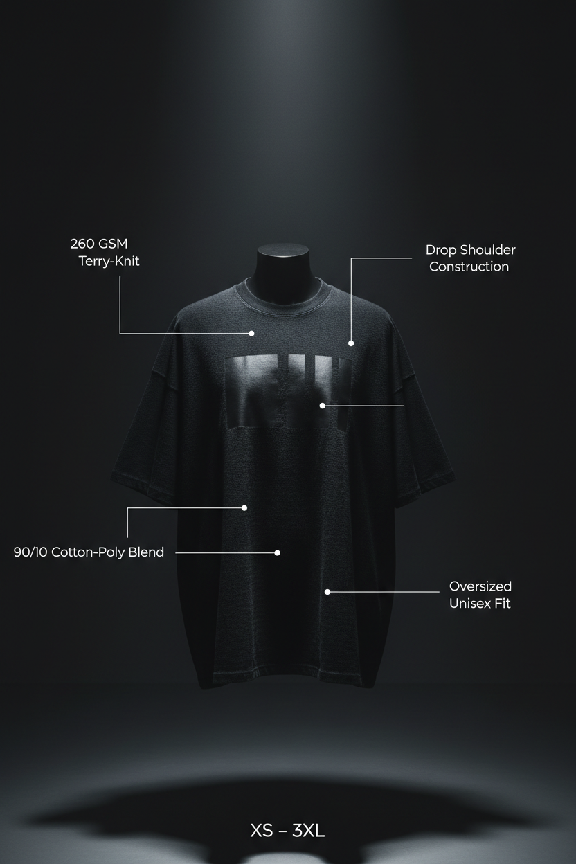 Cinematic editorial shot of black terry oversized tee with 260 GSM, drop shoulder, and fabric callout labels