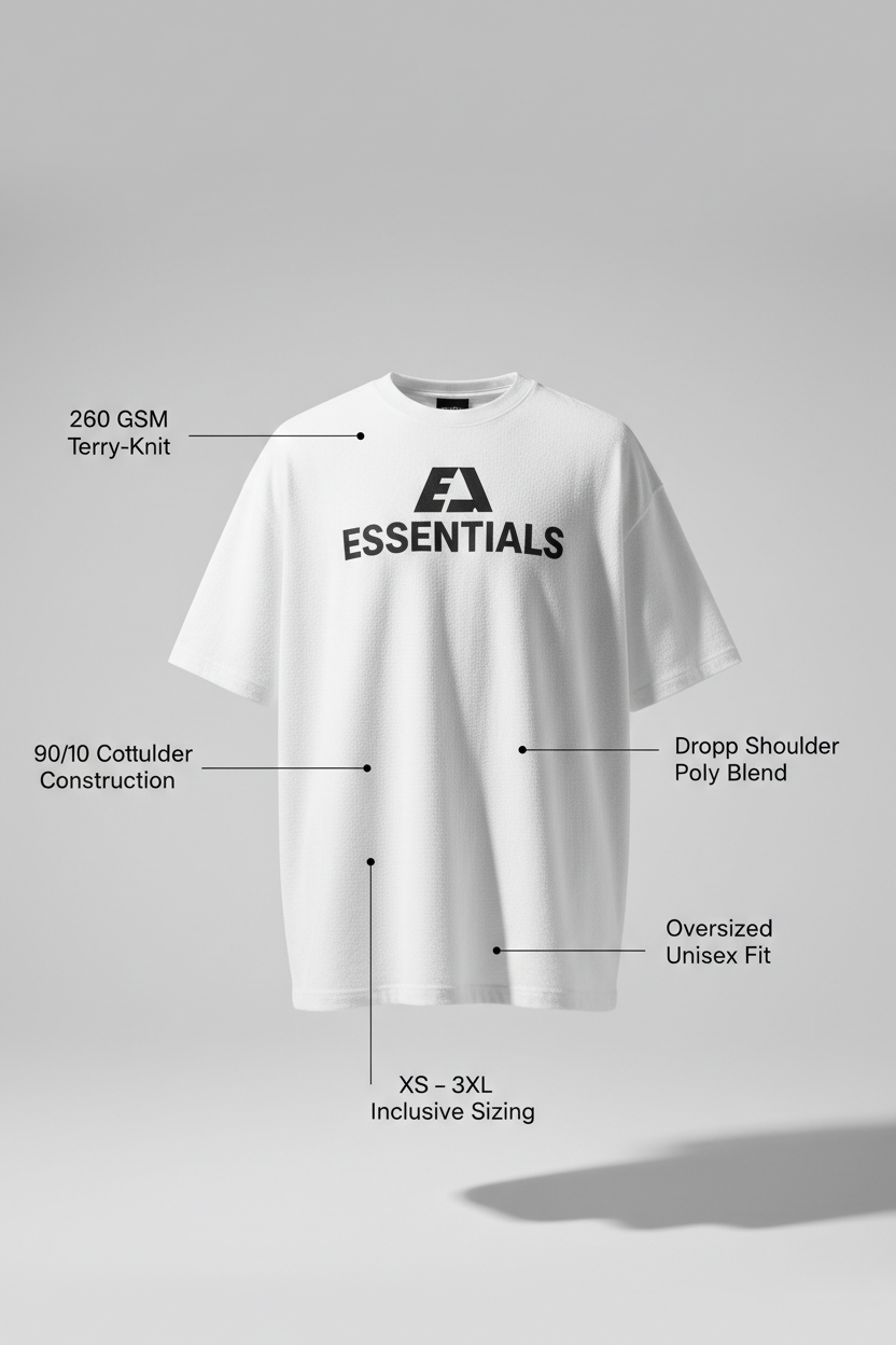 Cinematic editorial shot of white terry oversized tee with 260 GSM, drop shoulder, and floating spec callout labels