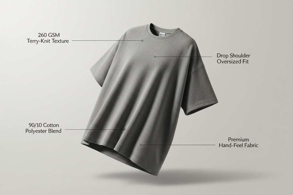 Unisex terry oversized tee showing 260 GSM fabric, drop shoulders, and premium hand-feel