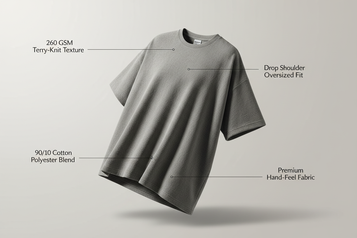 Unisex terry oversized tee showing 260 GSM fabric, drop shoulders, and premium hand-feel