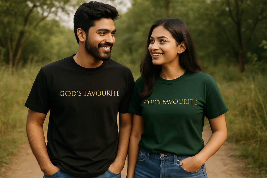Indian couple wearing matching crew neck t-shirts