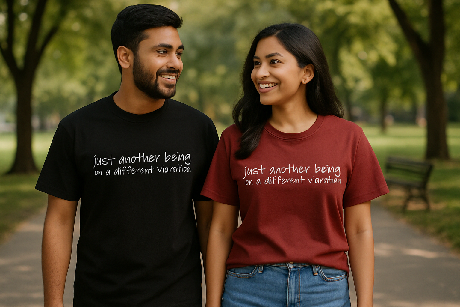 Indian couple wearing t-shirts in natural setting