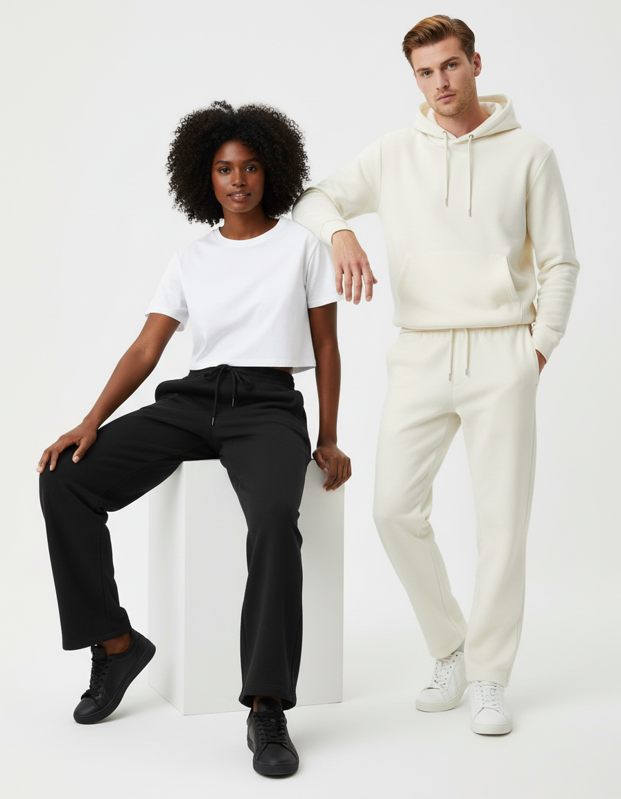 Models wearing black and off-white sweatpants